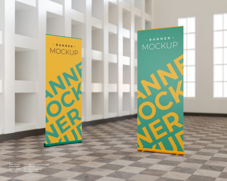 Two roll up banner mockup indoor