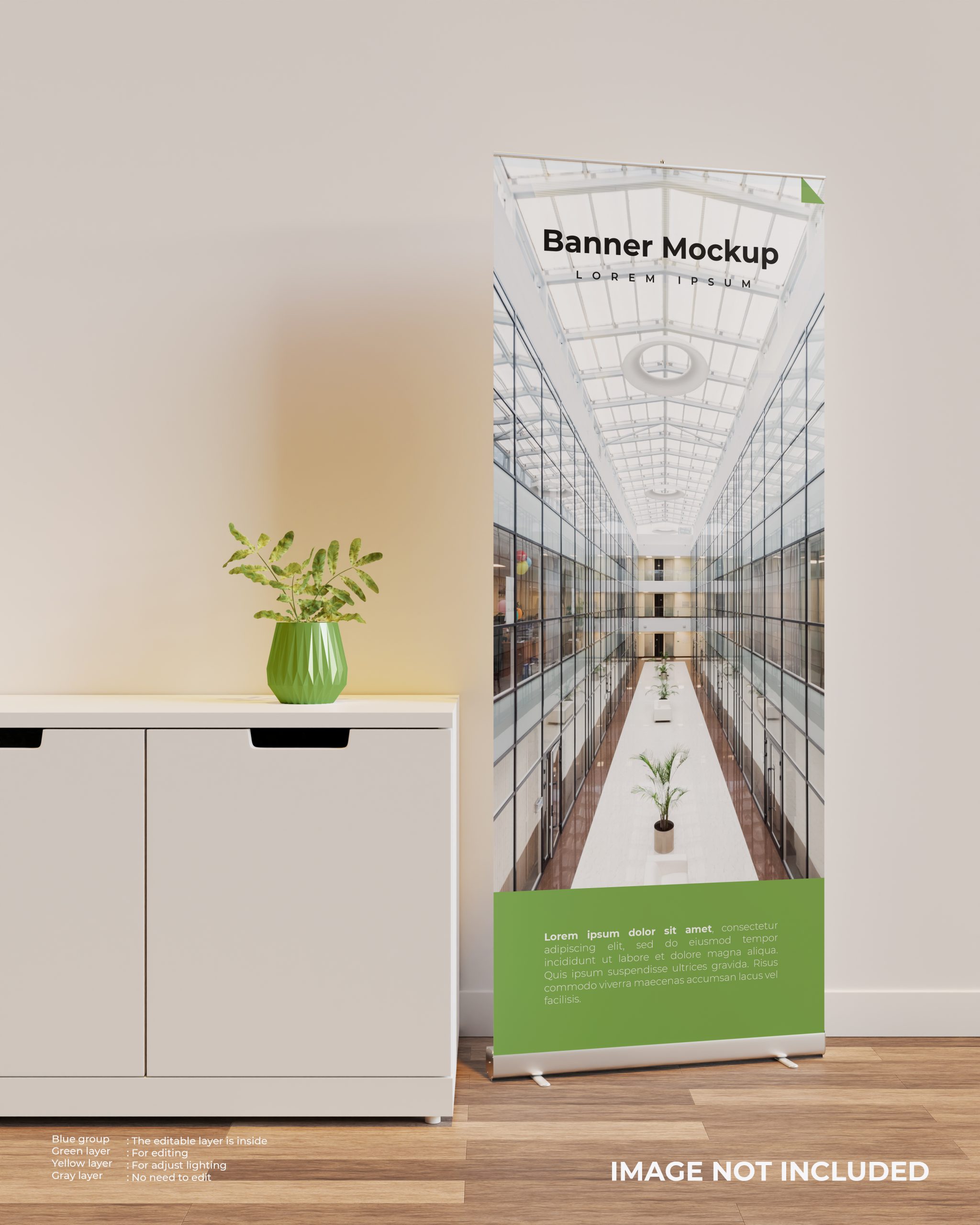 Roll up banner mockup in interior scene next to the cupboard